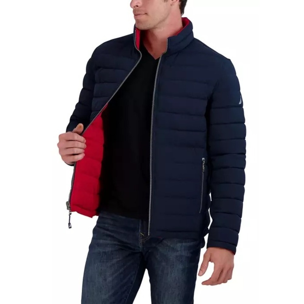 Nautica Puffer Jacket Mens Medium Navy Blue Reversible Quilted Full Zip Utility